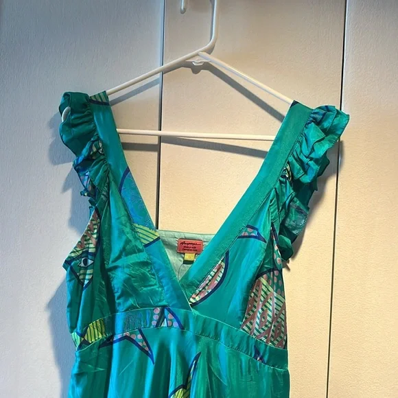 Silk Blue/Green Fish Print Maxi Dress. - Picture 2 of 8